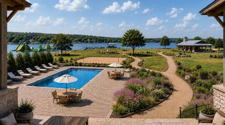 The Club pool with umbrellas and lake views